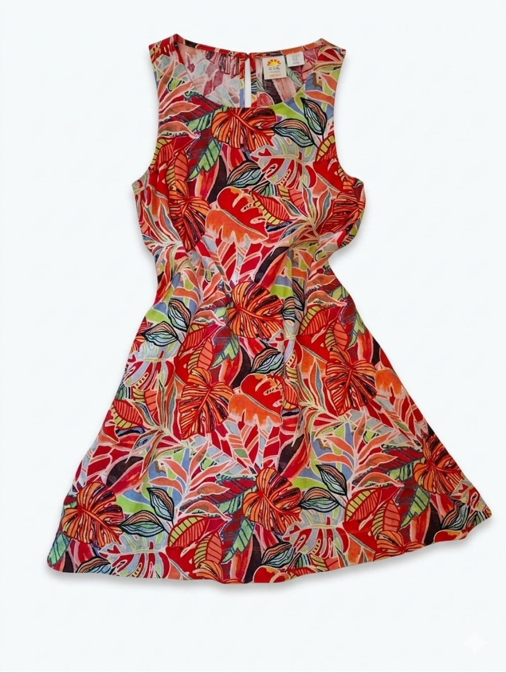 C&C California Tropical Linen Dress – Sleeveless Keyhole Back Leaf Print Size XS